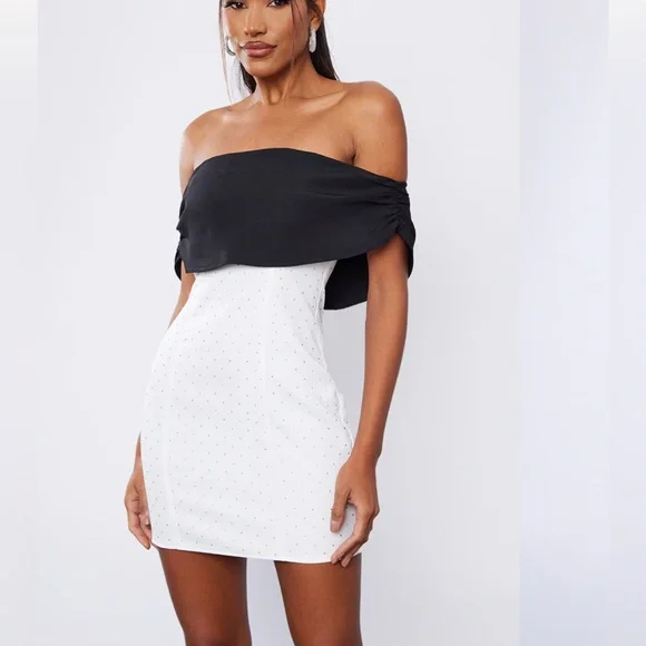 PrettyLittleThing | Dresses | Prettylittlething Black And White Offshoulder  Sheath Dress | Poshmark